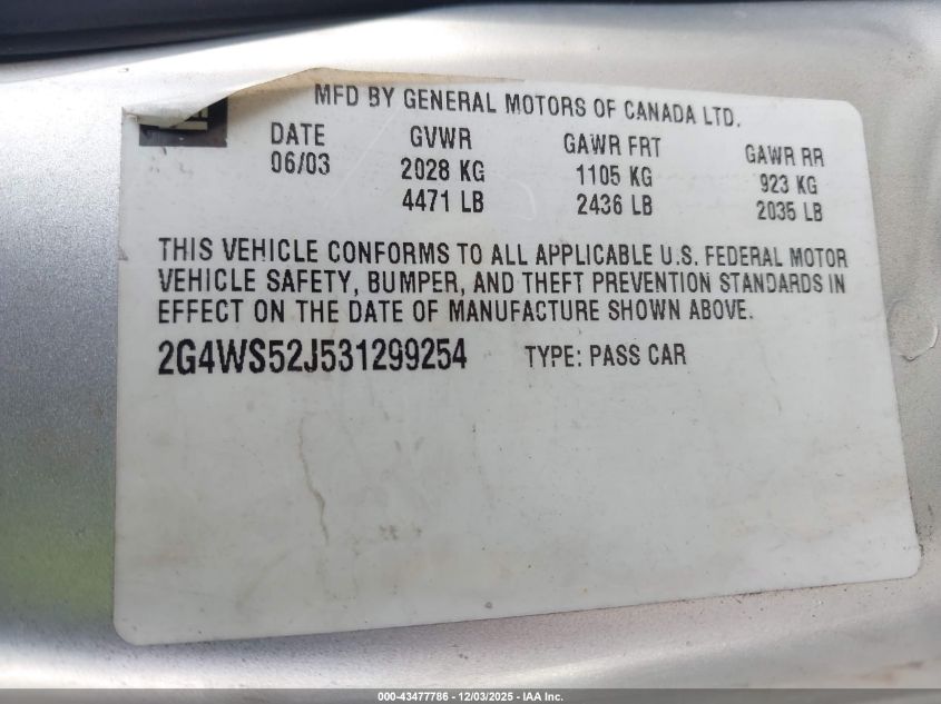 2003 Buick Century Custom VIN: 2G4WS52J531299254 Lot: 43477786