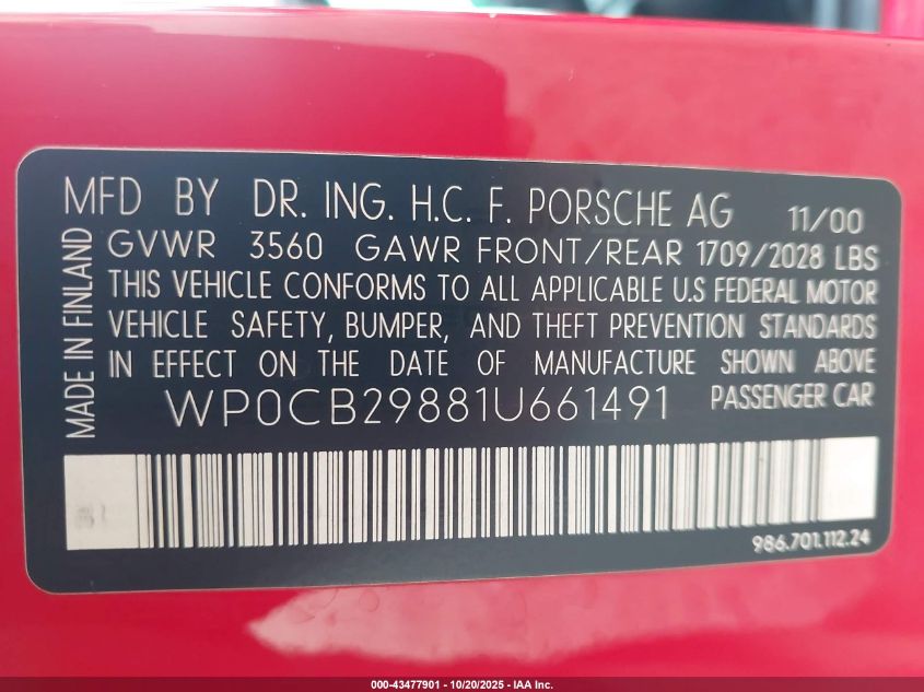 2001 Porsche Boxster S VIN: WP0CB29881U661491 Lot: 43477901