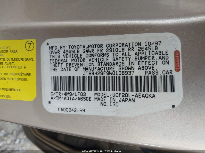 1998 Lexus Ls 400 VIN: JT8BH28F9W0108937 Lot: 43477902