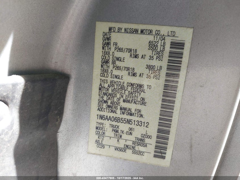 1N6AA06B55N513312 2005 NISSAN TITAN photo no. 9