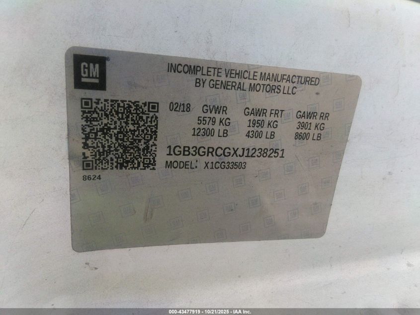 2018 Chevrolet Express Cutaway Work Van VIN: 1GB3GRCGXJ1238251 Lot: 43477919