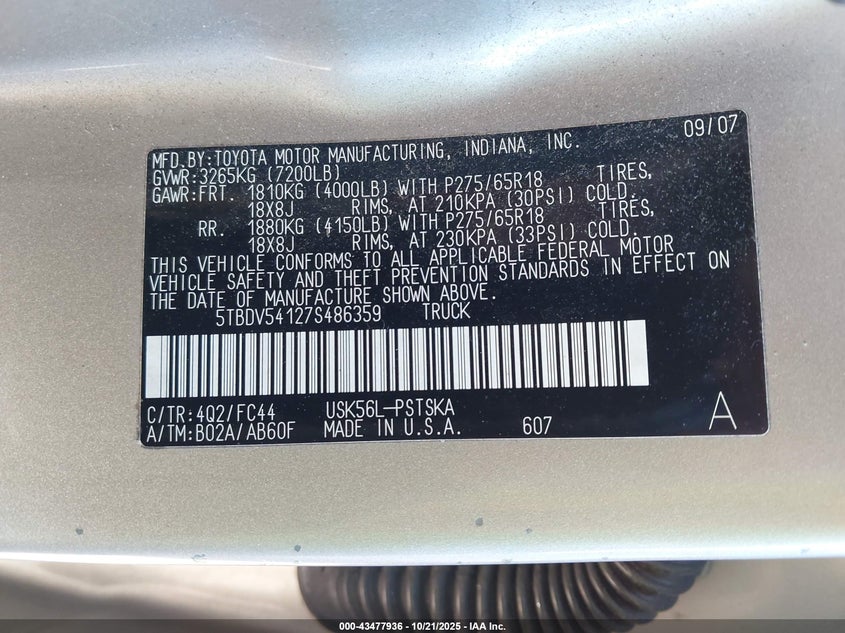 5TBDV54127S486359 2007 TOYOTA TUNDRA photo no. 9