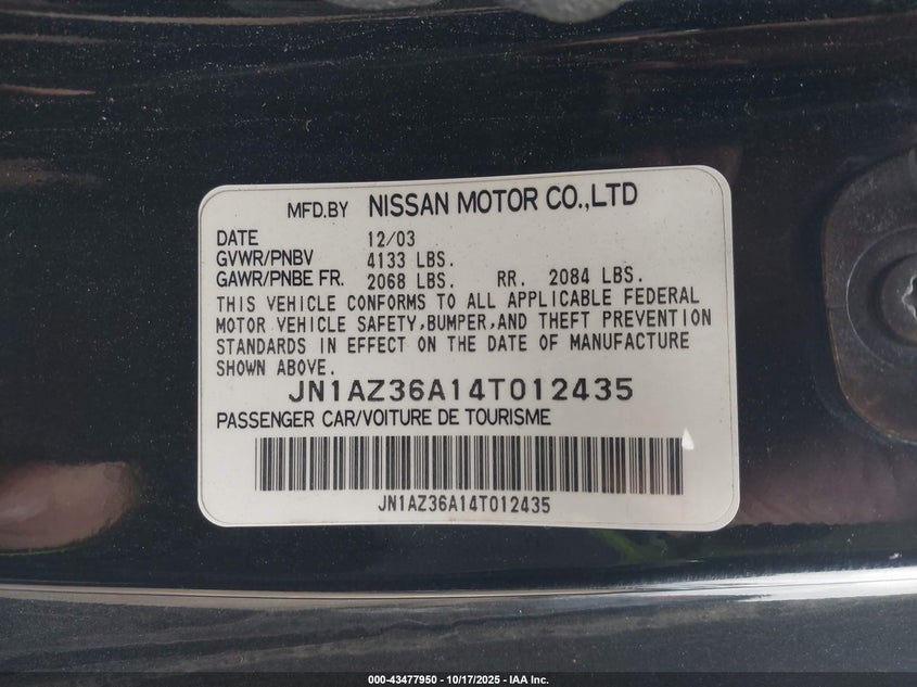 JN1AZ36A14T012435 2004 NISSAN 350Z photo no. 9