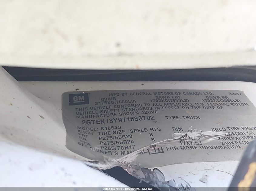 2007 GMC Sierra 1500 Slt VIN: 2GTEK13Y971633702 Lot: 43477961
