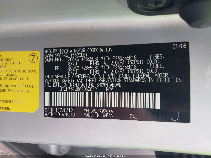 2008 Lexus Rx 400H VIN: JTJHW31U882050842 Lot: 43477985