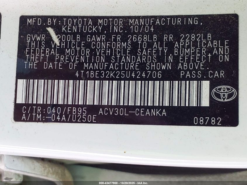 2005 Toyota Camry Le VIN: 4T1BE32K25U424706 Lot: 43477988