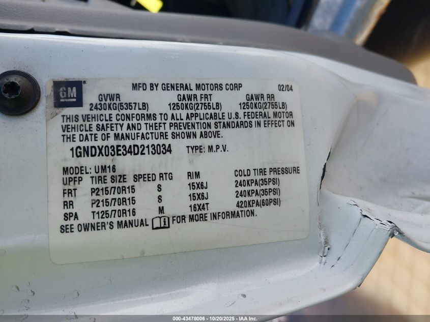 2004 Chevrolet Venture Ls VIN: 1GNDX03E34D213034 Lot: 43478006