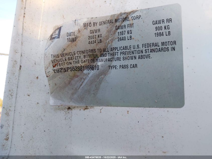 2008 Pontiac Grand Prix VIN: 2G2WP552881166610 Lot: 43478039