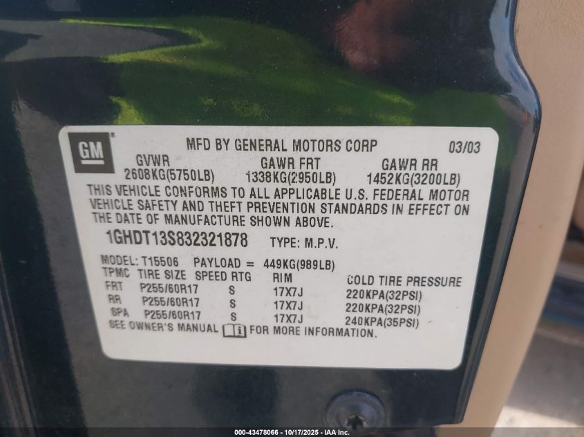 2003 Oldsmobile Bravada VIN: 1GHDT13S832321878 Lot: 43478066