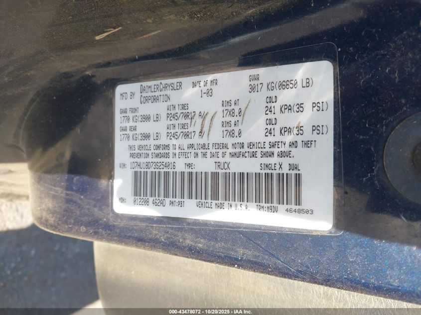 2003 Dodge Ram 1500 St/Slt VIN: 1D7HU18D73S254016 Lot: 43478072