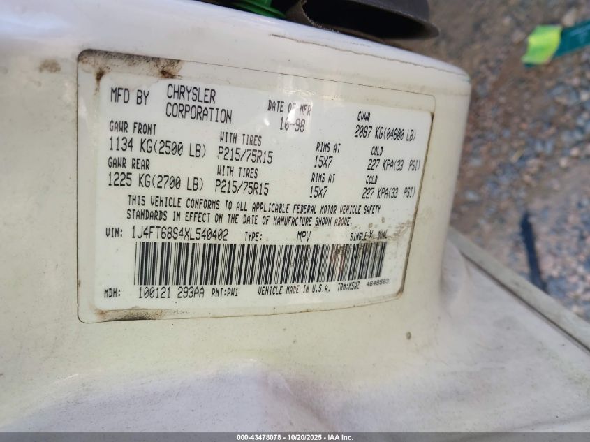1999 Jeep Cherokee Classic/Sport VIN: 1J4FT68S4XL540402 Lot: 43478078
