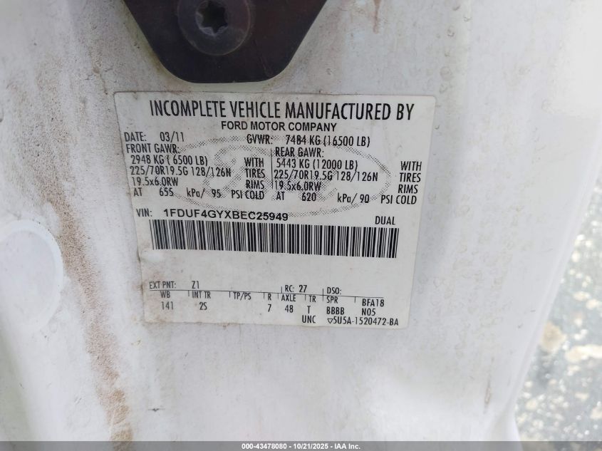2011 Ford F-450 Chassis Xl VIN: 1FDUF4GYXBEC25949 Lot: 43478080