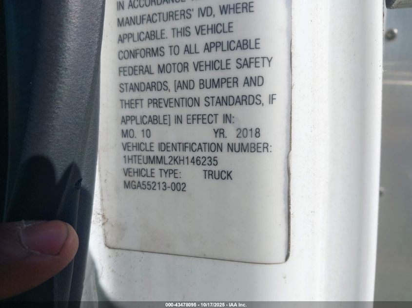 2019 International Mv VIN: 1HTEUMML2KH146235 Lot: 43478095