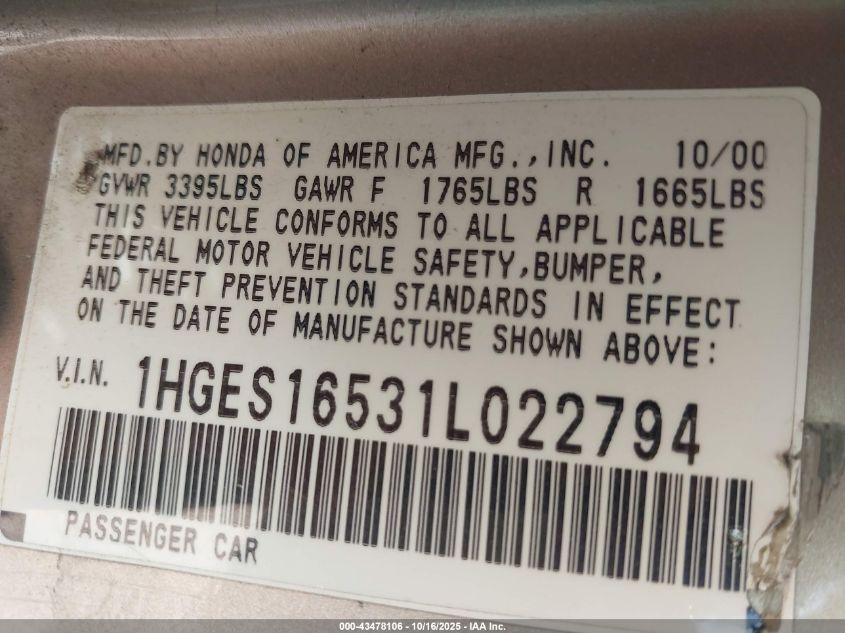 2001 Honda Civic Lx VIN: 1HGES16531L022794 Lot: 43478106
