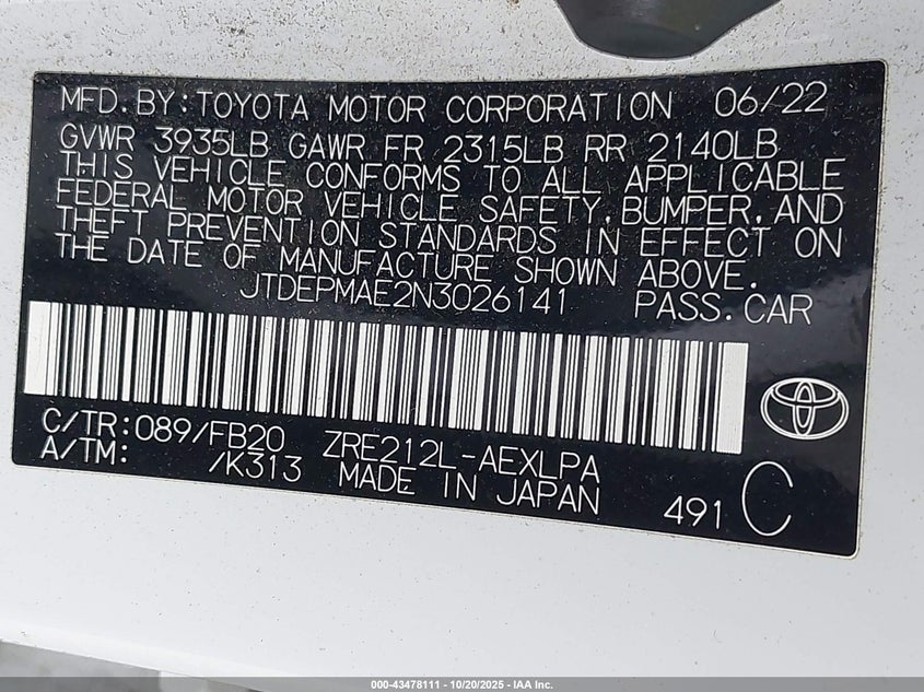 JTDEPMAE2N3026141 2022 TOYOTA COROLLA photo no. 9