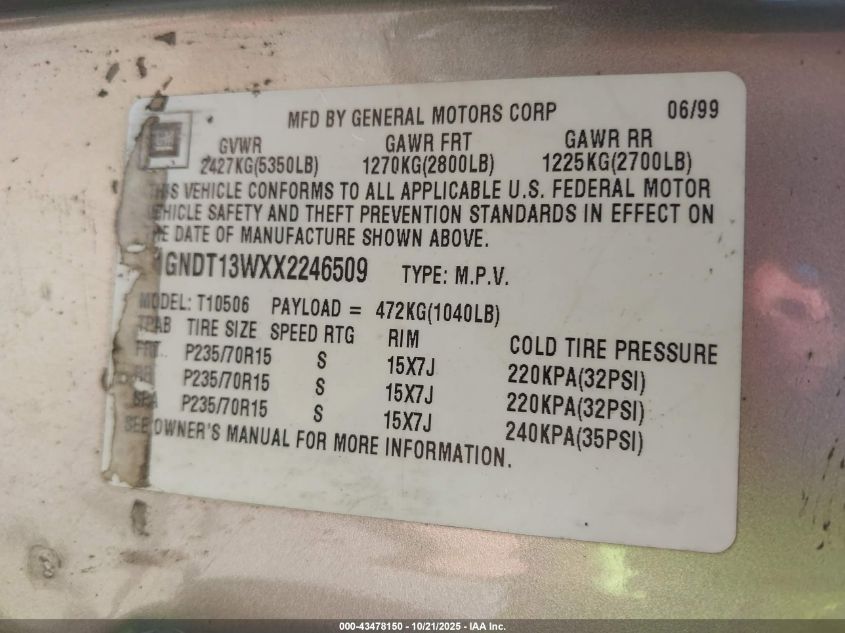 1999 Chevrolet Blazer Ls VIN: 1GNDT13WXX2246509 Lot: 43478150