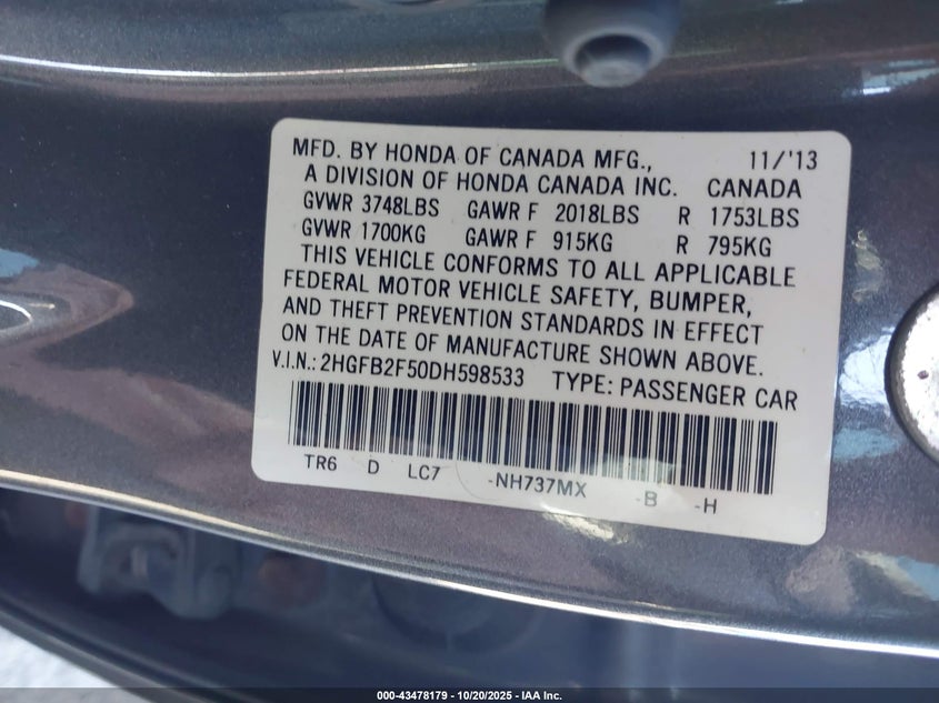 2013 HONDA CIVIC LX 2HGFB2F50DH598533