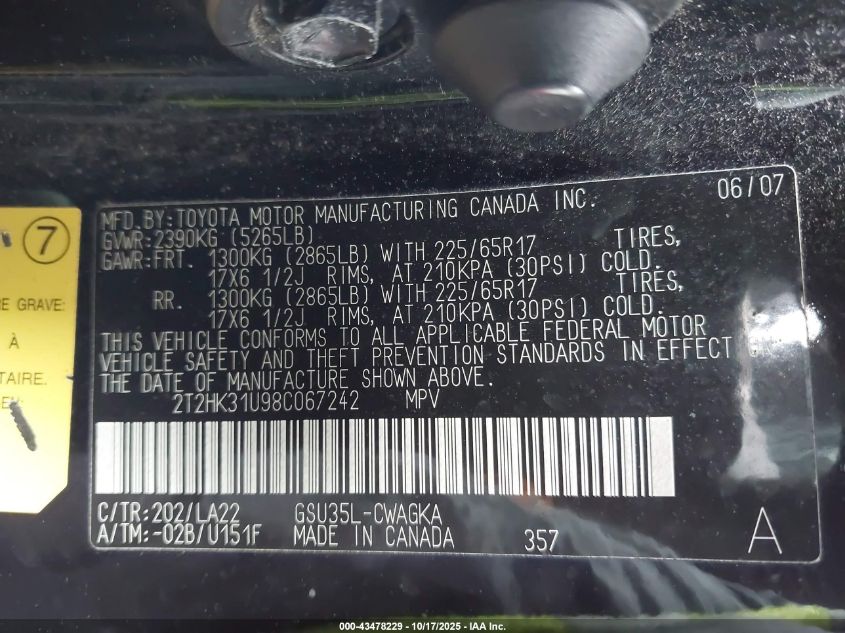 2008 Lexus Rx 350 VIN: 2T2HK31U98C067242 Lot: 43478229