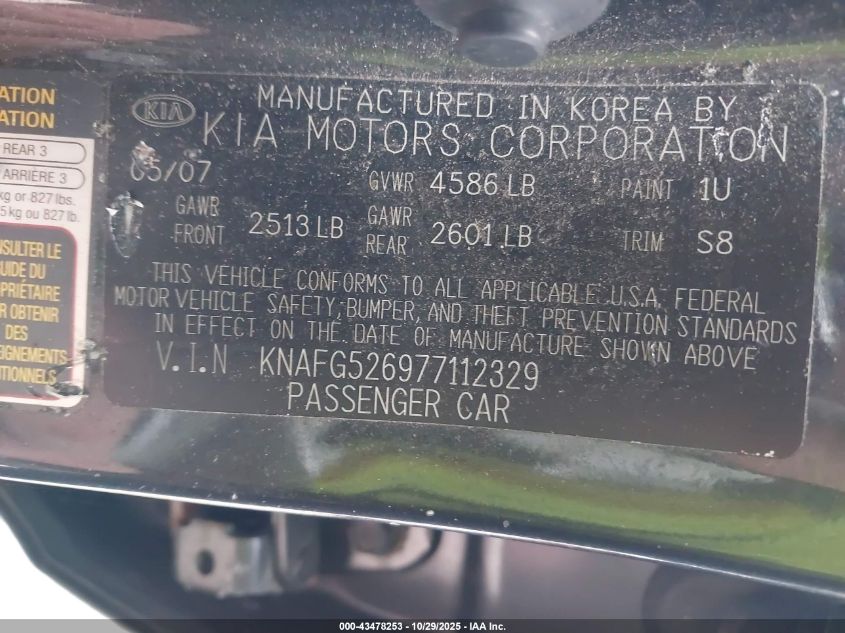 2007 Kia Rondo Lx V6 VIN: KNAFG526977112329 Lot: 43478253