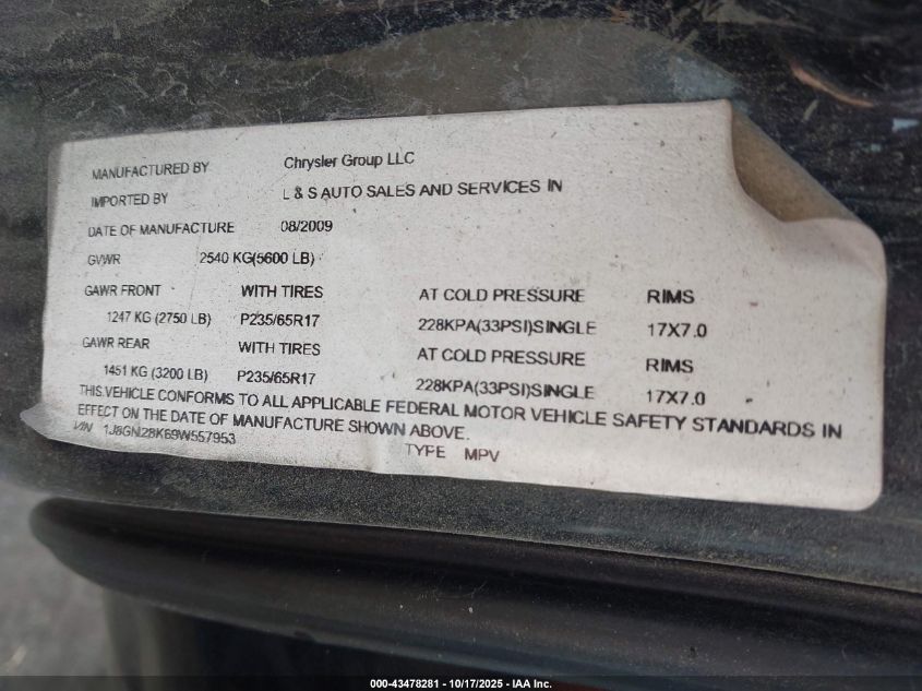 2009 Jeep Liberty Sport VIN: 1J8GN28K69W557953 Lot: 43478281