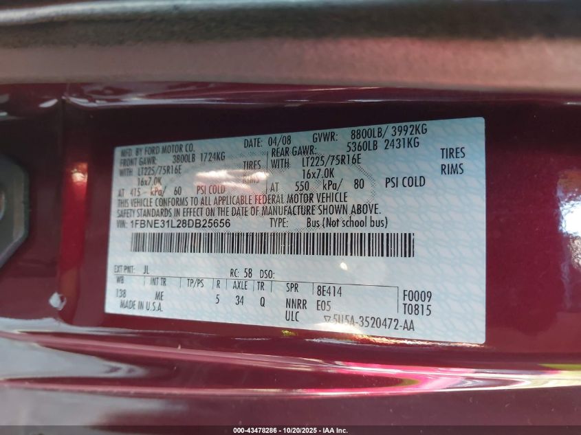 2008 Ford E-350 Super Duty Xl/Xlt VIN: 1FBNE31L28DB25656 Lot: 43478286
