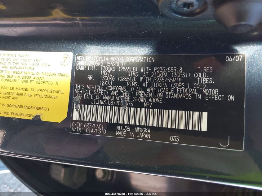 2007 Lexus Rx 400H VIN: JTJHW31U872035675 Lot: 43478288