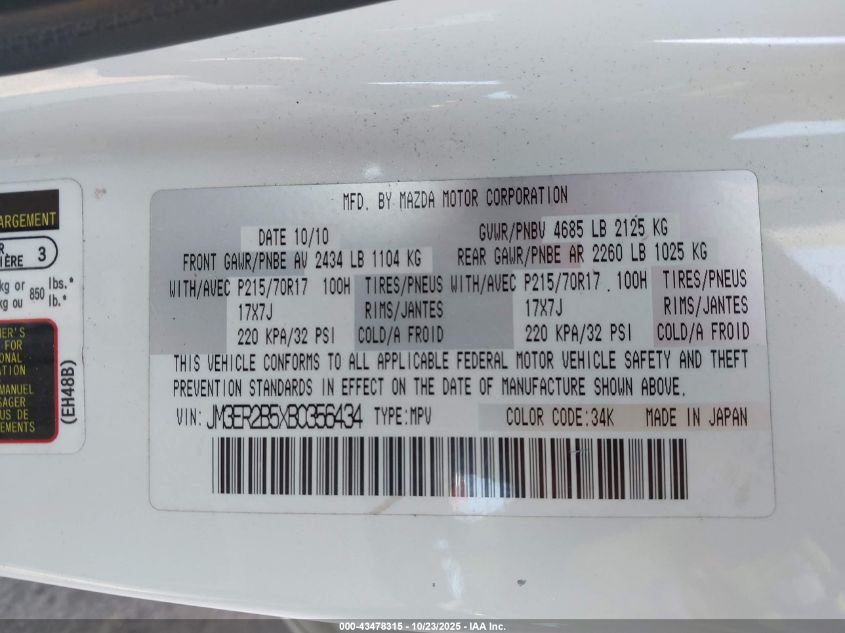 2011 Mazda Cx-7 I Sport VIN: JM3ER2B5XB0356434 Lot: 43478315