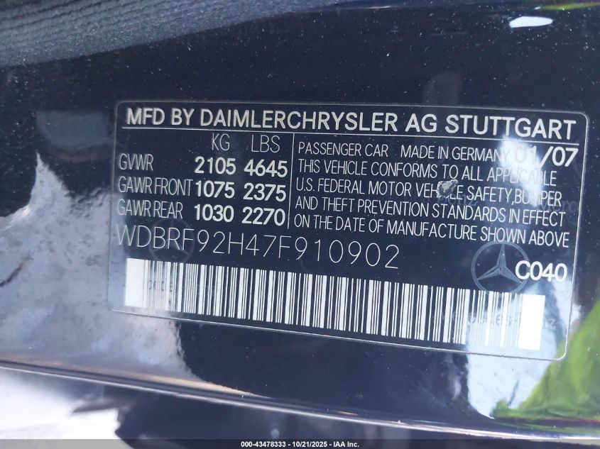 2007 Mercedes-Benz C 280 Luxury 4Matic VIN: WDBRF92H47F910902 Lot: 43478333