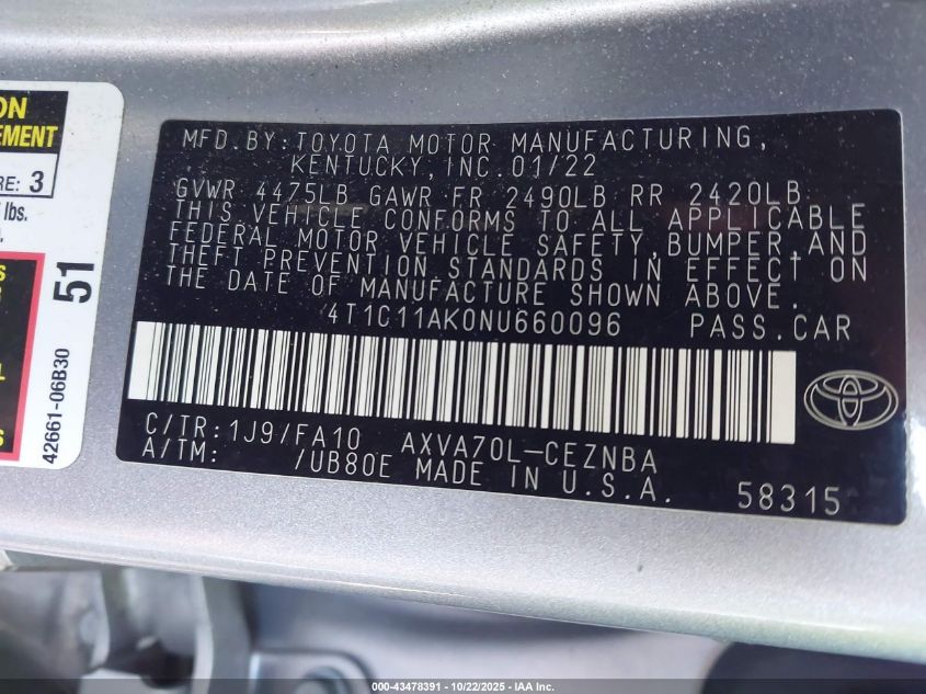 2022 Toyota Camry Le VIN: 4T1C11AK0NU660096 Lot: 43478391