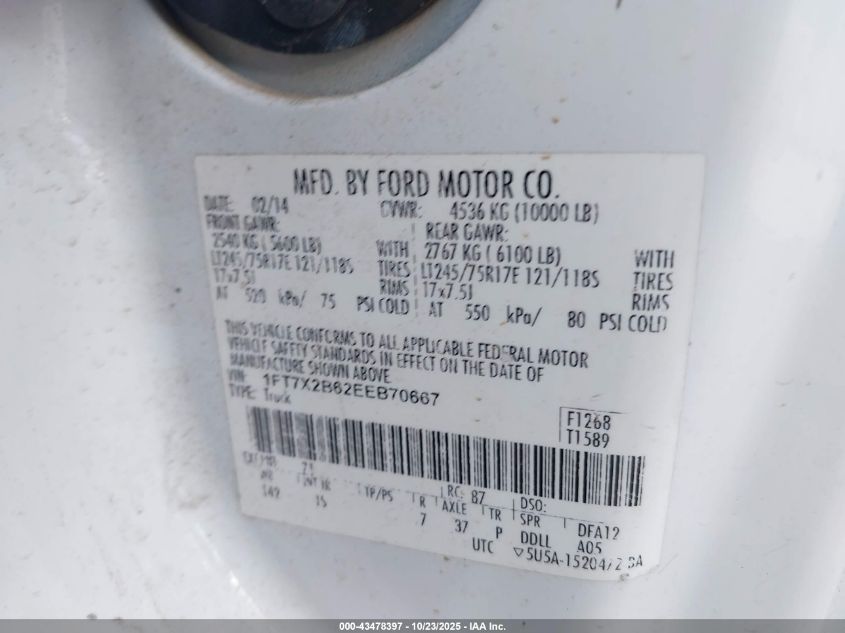 2014 Ford F-250 Xl VIN: 1FT7X2B62EEB70667 Lot: 43478397