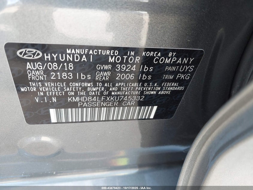 KMHD84LFXKU745332 2019 HYUNDAI ELANTRA photo no. 9
