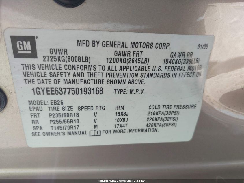 2005 Cadillac Srx V6 VIN: 1GYEE637750193168 Lot: 43478462