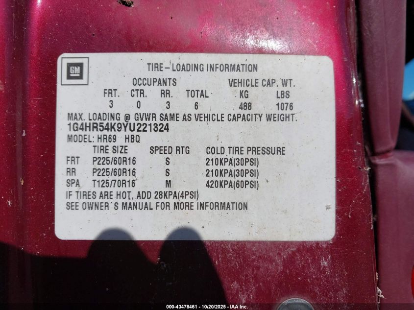 2000 Buick Lesabre Limited VIN: 1G4HR54K9YU221324 Lot: 43478461