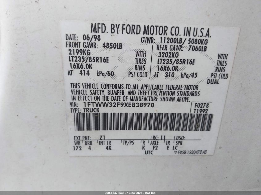 1999 Ford F-350 Lariat/Xl/Xlt VIN: 1FTWW32F9XEB38970 Lot: 43478538