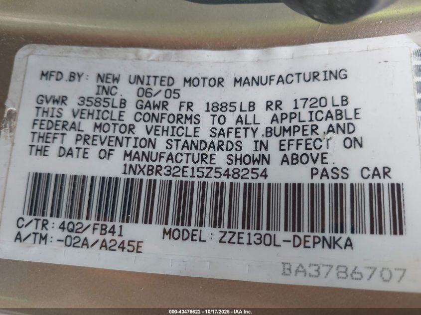 2005 Toyota Corolla Le VIN: 1NXBR32E15Z548254 Lot: 43478622