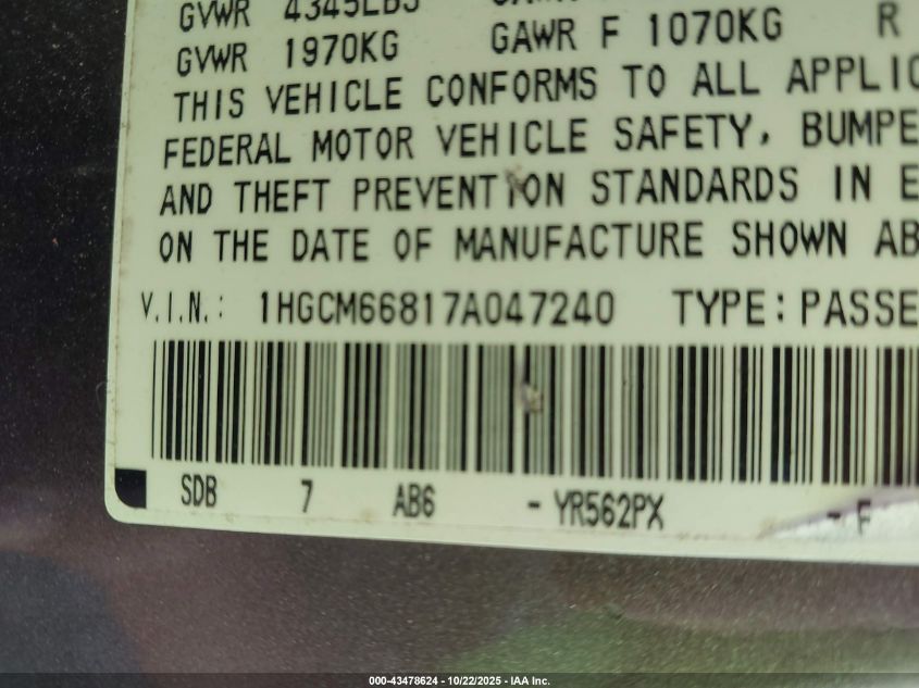 2007 Honda Accord 3.0 Ex VIN: 1HGCM66817A047240 Lot: 43478624