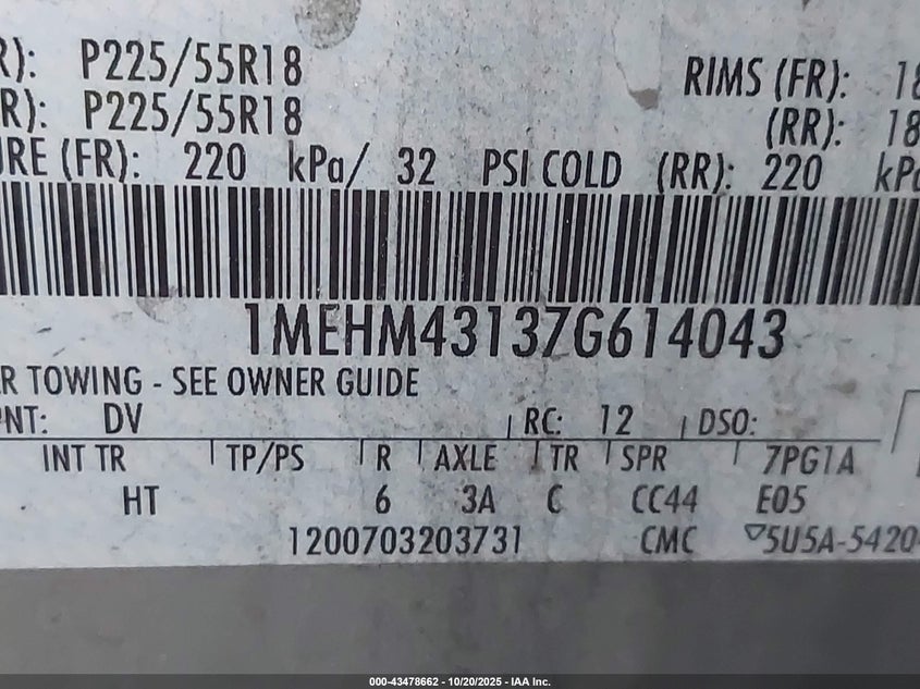 2007 Mercury Montego Premier VIN: 1MEHM43137G614043 Lot: 43478662