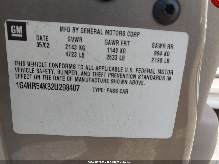 2002 Buick Lesabre Limited VIN: 1G4HR54K32U298407 Lot: 43478663