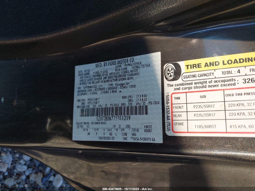 2007 Ford Mustang VIN: 1ZVFT80N775311219 Lot: 43478689