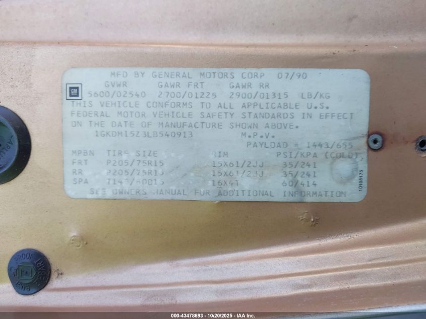 1990 GMC Safari VIN: 1GKDM15Z3LB540913 Lot: 43478693
