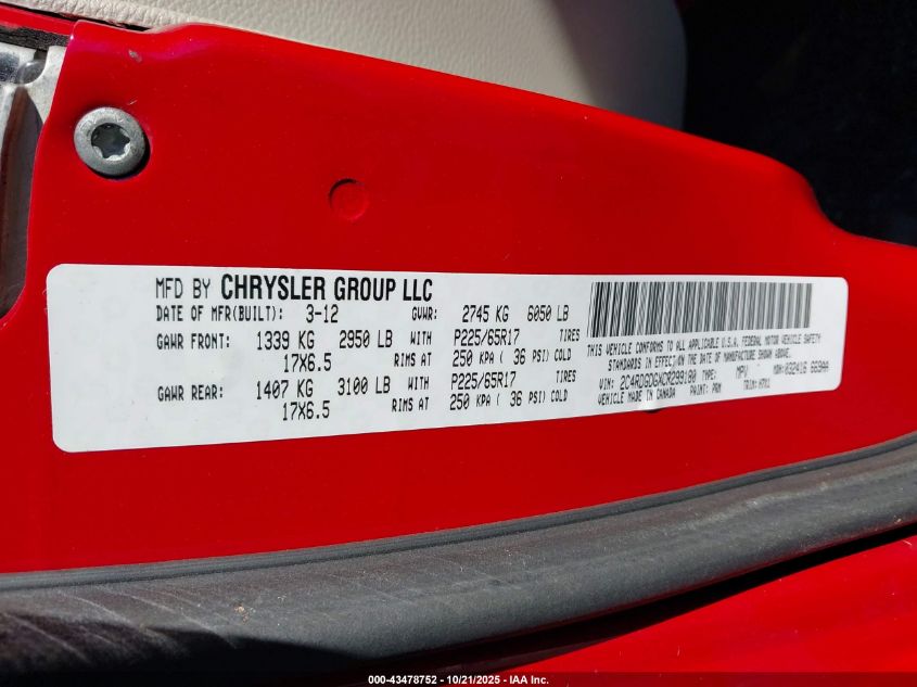 2012 Dodge Grand Caravan Crew VIN: 2C4RDGDGXCR299180 Lot: 43478752