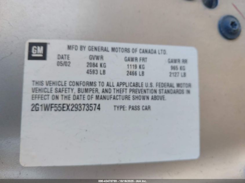 2002 Chevrolet Impala VIN: 2G1WF55EX29373574 Lot: 43478759