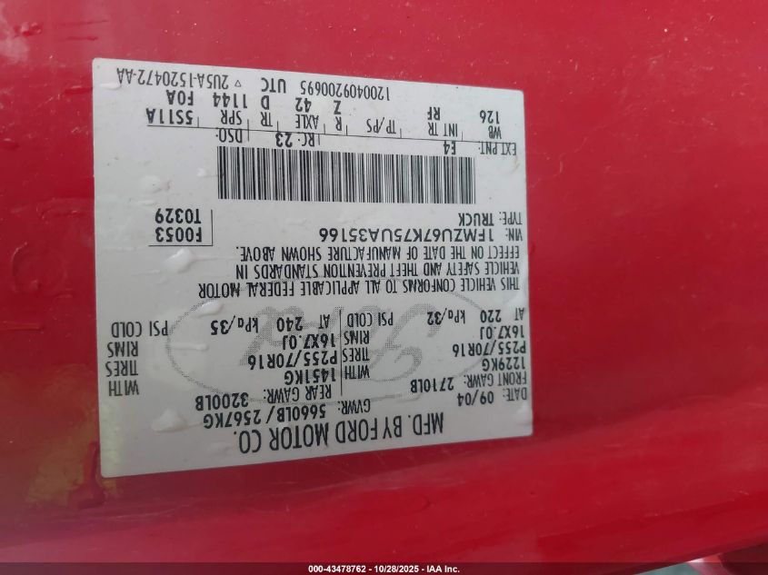 2005 Ford Explorer Sport Trac Adrenalin/Xls/Xlt VIN: 1FMZU67K75UA35166 Lot: 43478762