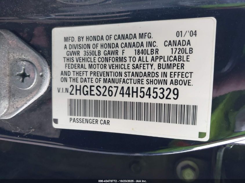 2004 Honda Civic Ex VIN: 2HGES26744H545329 Lot: 43478772
