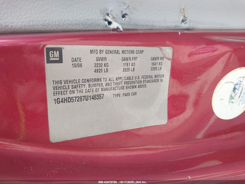 2007 Buick Lucerne Cxl VIN: 1G4HD57287U148357 Lot: 43478786