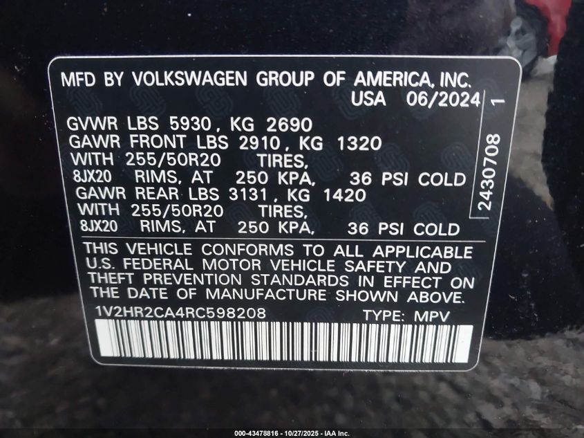2024 Volkswagen Atlas 2.0T Se W/Technology VIN: 1V2HR2CA4RC598208 Lot: 43478816