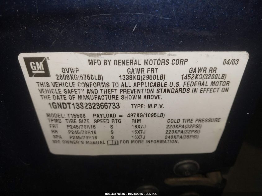 2003 Chevrolet Trailblazer Ls VIN: 1GNDT13S232366733 Lot: 43478836