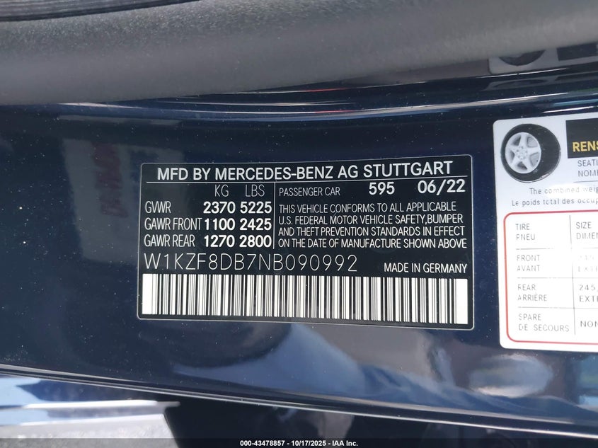 2022 MERCEDES-BENZ E 350 W1KZF8DB7NB090992