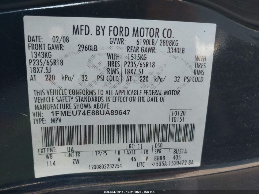 2008 Ford Explorer Eddie Bauer VIN: 1FMEU74E88UA89647 Lot: 43478911