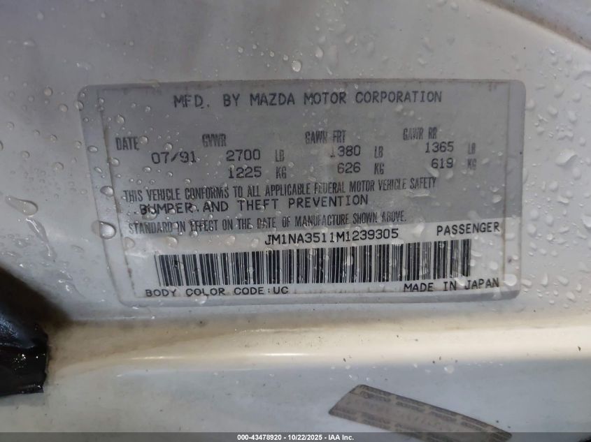 1991 Mazda Mx-5 Miata VIN: JM1NA3511M1239305 Lot: 43478920